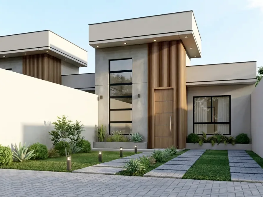 Fachada da Casa Modelo 02, casa pré-fabricada de concreto de 61,5 m²