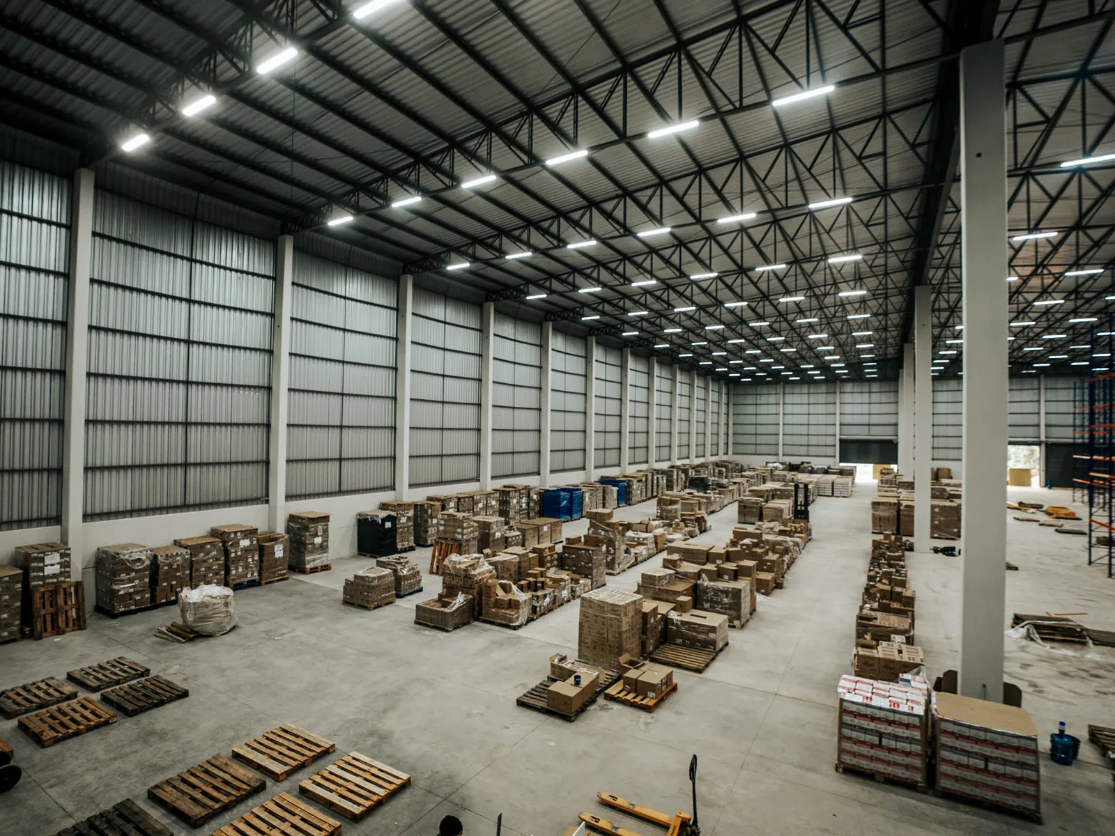 Interior de barracão pronto com cobertura em estrutura metálica e iluminação